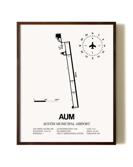 Austin Municipal Airport aviation print in walnut frame