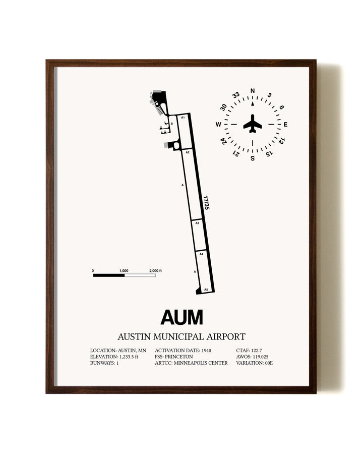 Austin Municipal Airport aviation print in walnut frame