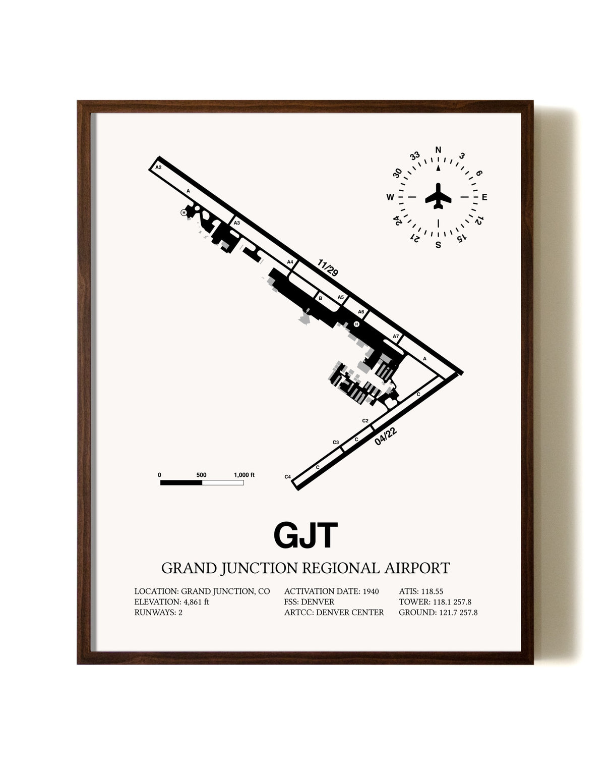 Grand Junction Regional Airport aviation print in walnut frame