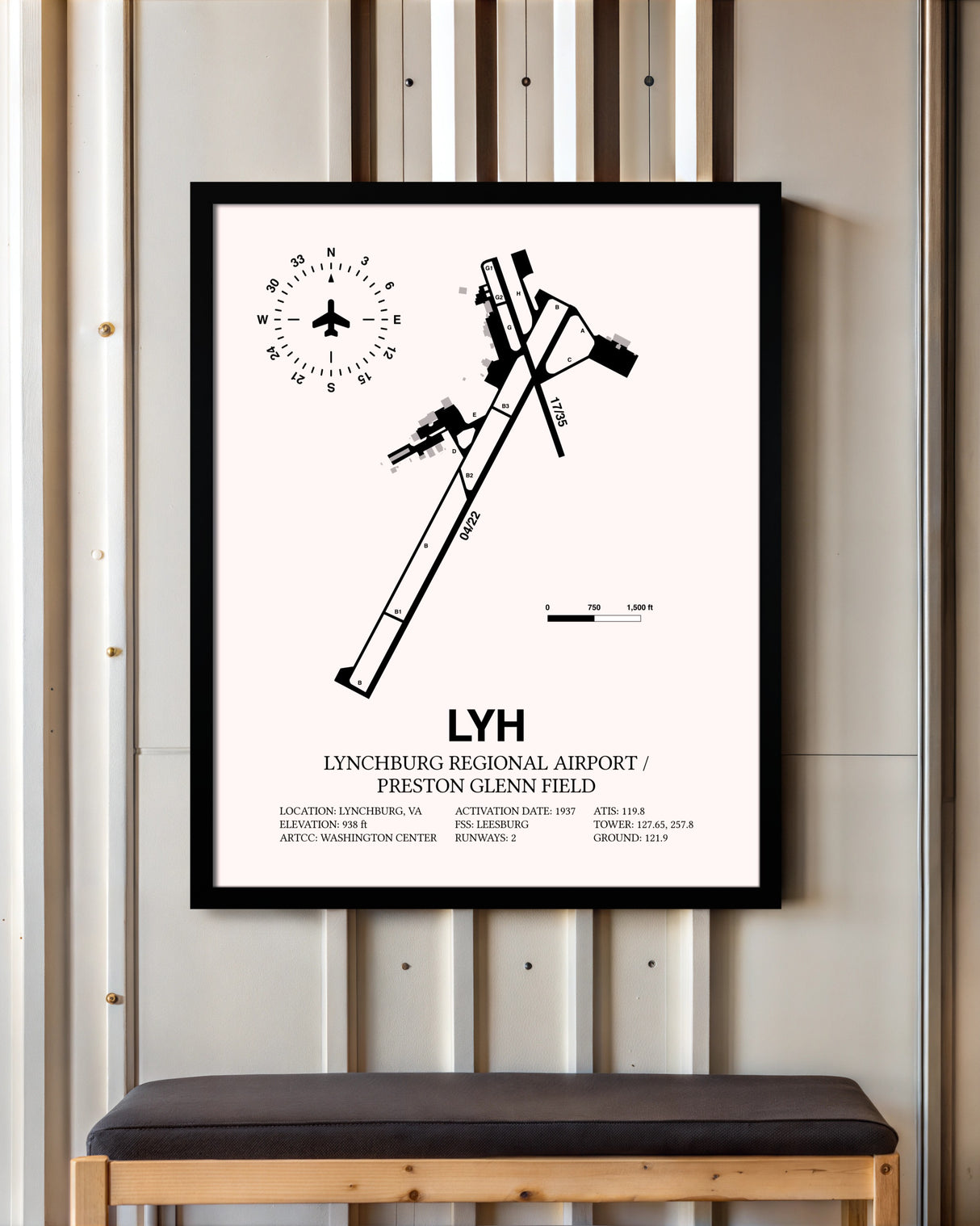 Lynchburg Regional Airport / Preston Glenn Field framed poster displayed in an airplane hangar