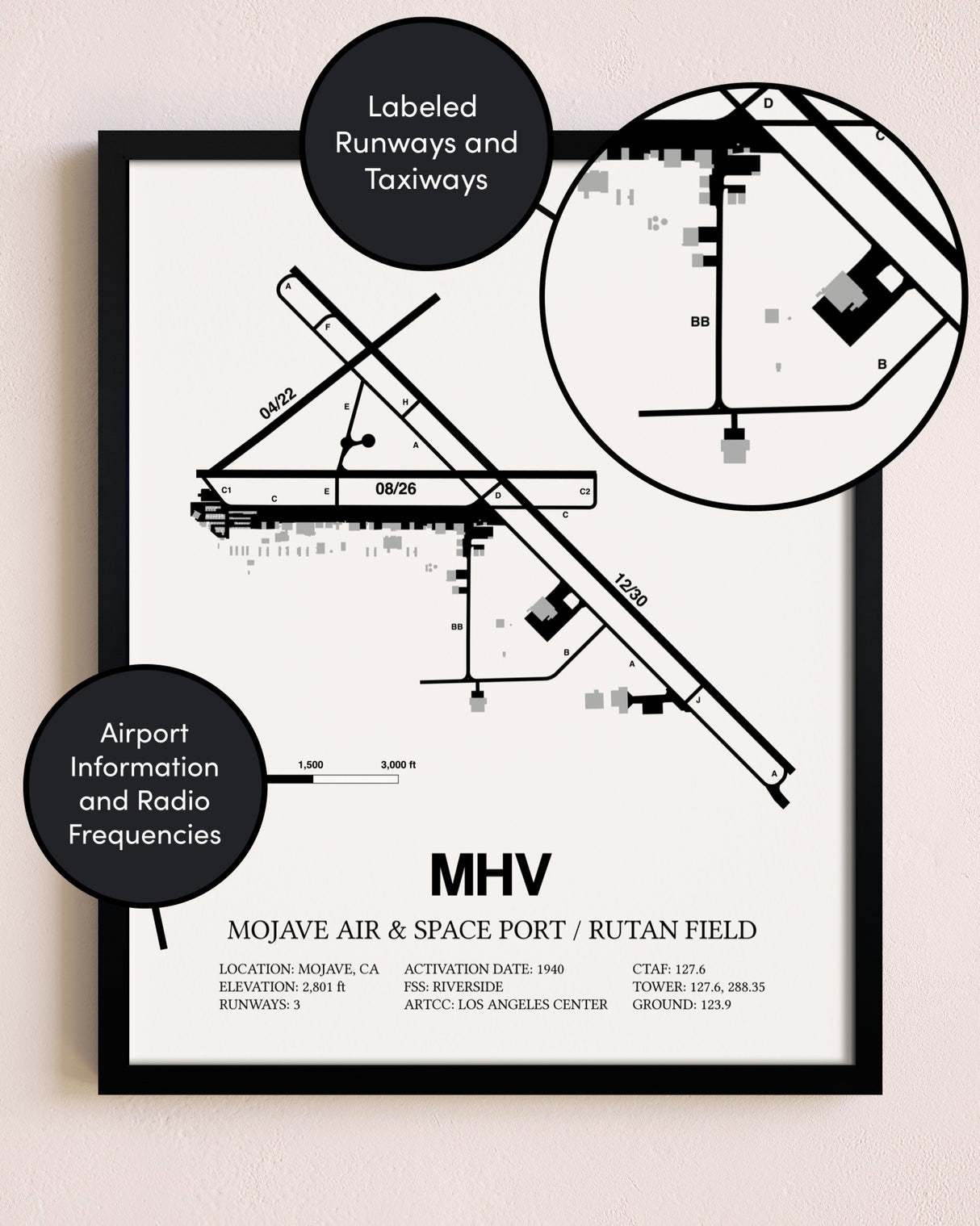 Framed Mojave Air & Space Port / Rutan Field layout wall art poster