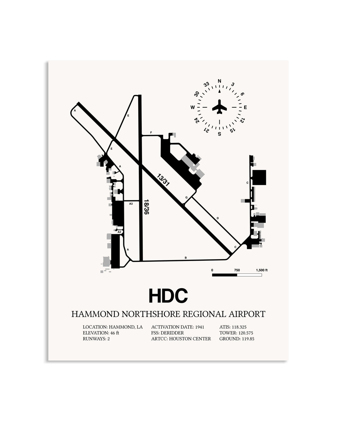 Gray Hammond Northshore Regional Airport framed poster displayed in an airplane hangar
