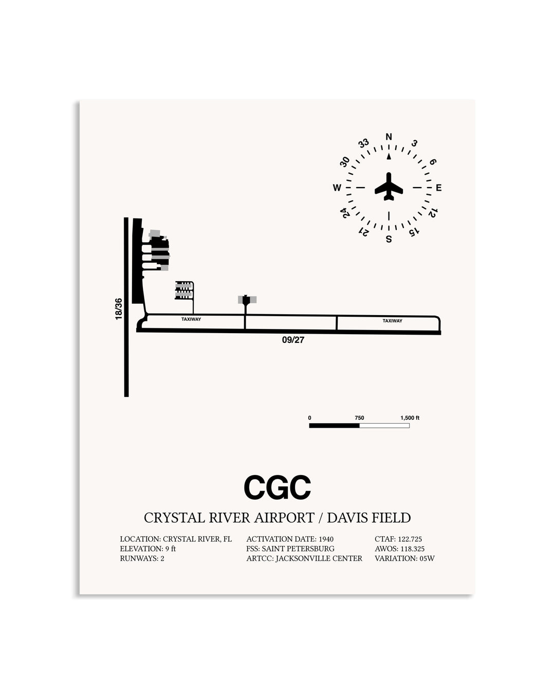 Gray Crystal River Airport / Davis Field framed poster displayed in an airplane hangar