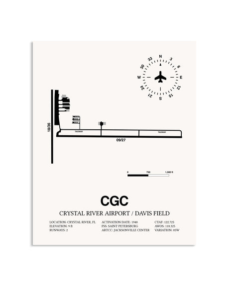 Gray Crystal River Airport / Davis Field framed poster displayed in an airplane hangar