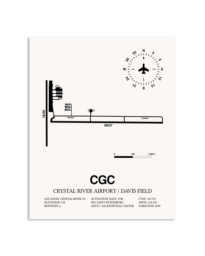 Gray Crystal River Airport / Davis Field framed poster displayed in an airplane hangar