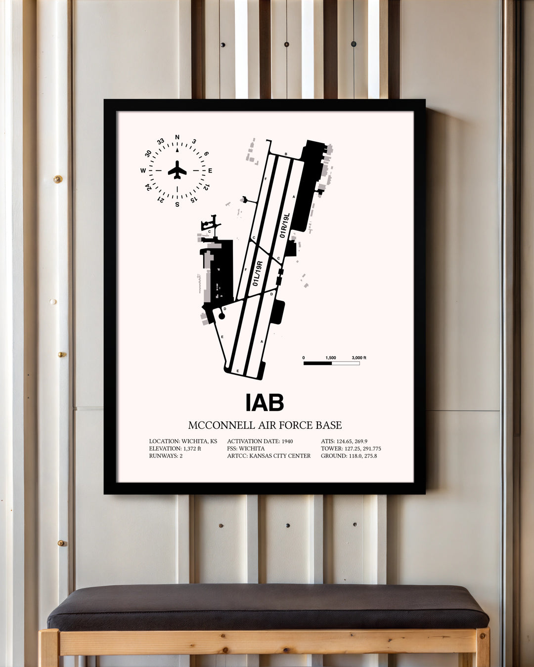 McConnell Air Force Base framed poster displayed in an airplane hangar
