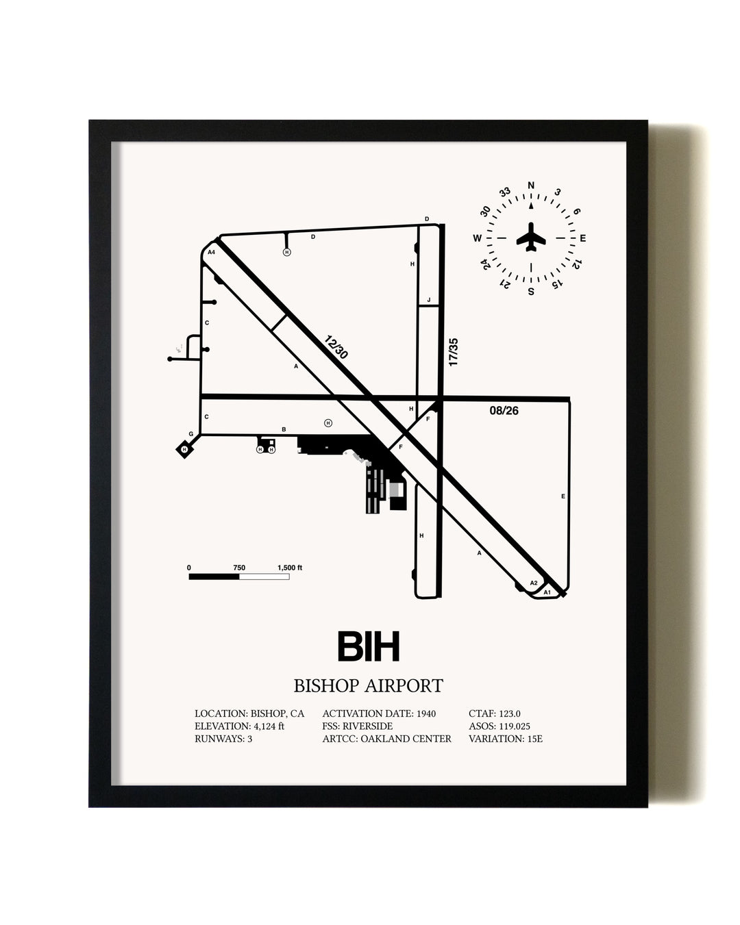 Framed Bishop Airport wall art poster in black frame