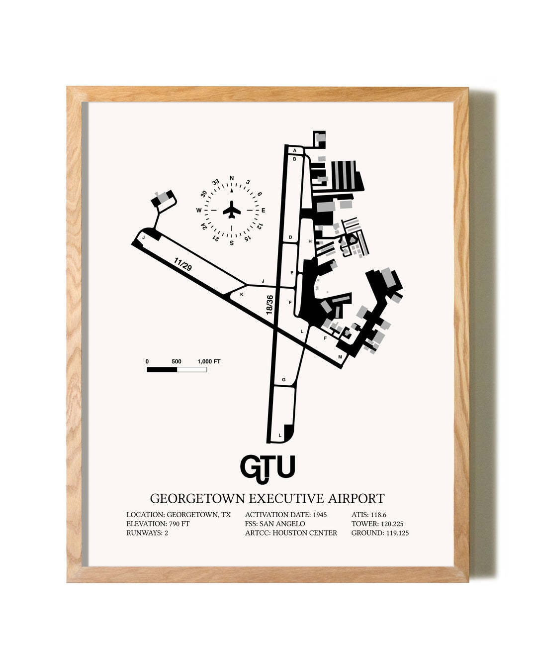 Georgetown Executive Airport At Johnny Gantt Field framed print in natural wood frame