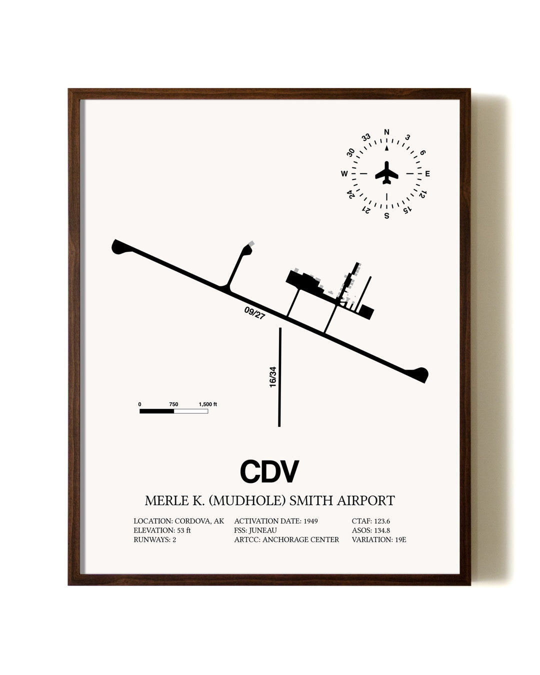 Merle K. (Mudhole) Smith Airport aviation print in walnut frame