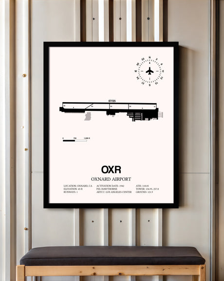 Oxnard Airport framed poster displayed in an airplane hangar