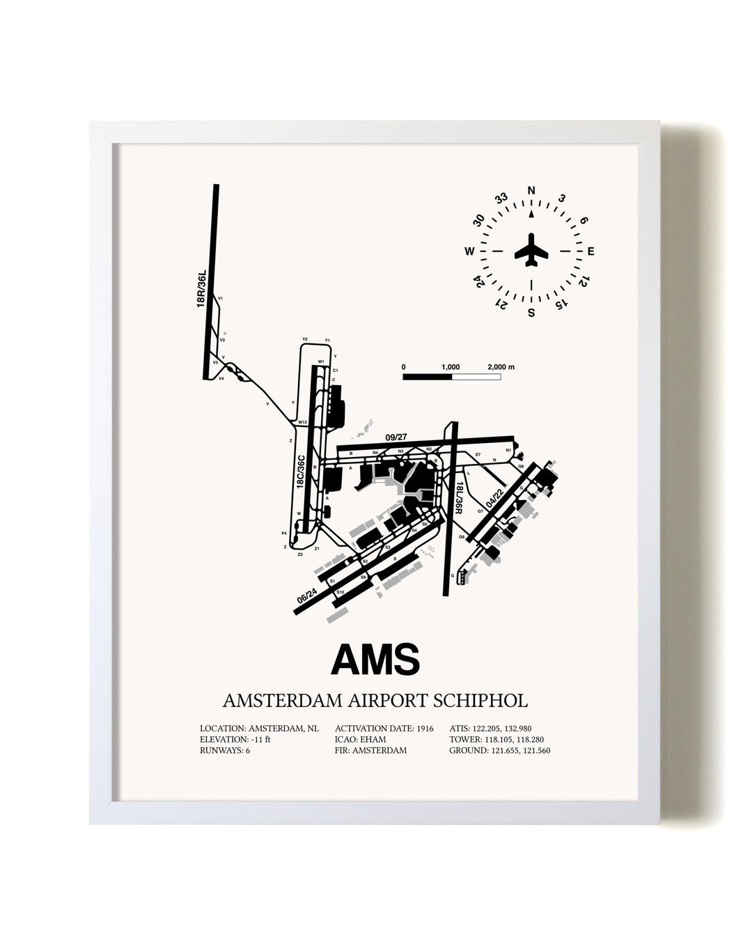 Amsterdam Airport Schiphol airport map poster in oak frame
