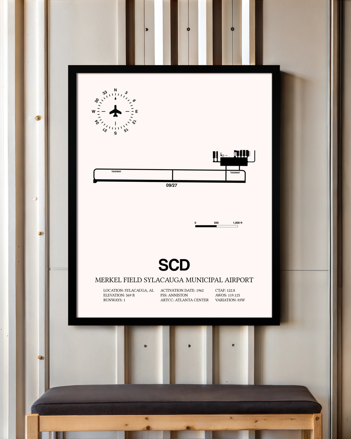 Merkel Field Sylacauga Municipal Airport framed poster displayed in an airplane hangar