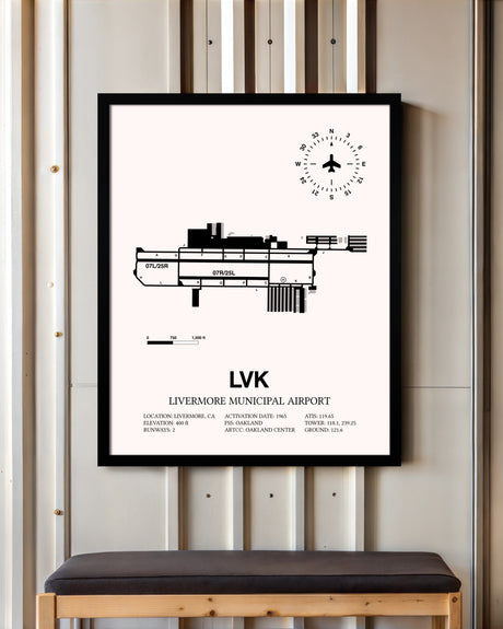 Livermore Municipal Airport framed poster displayed in an airplane hangar