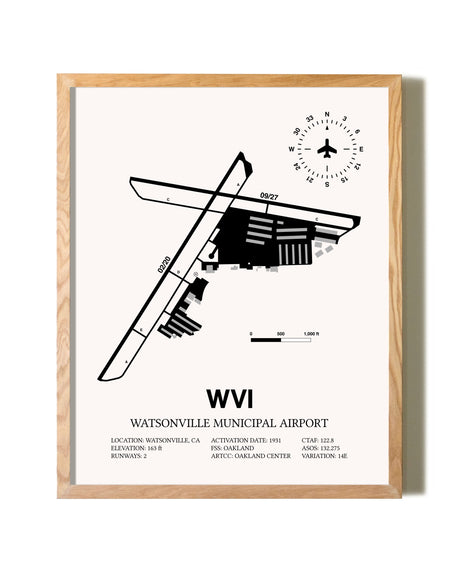 Watsonville Municipal Airport framed print in natural wood frame