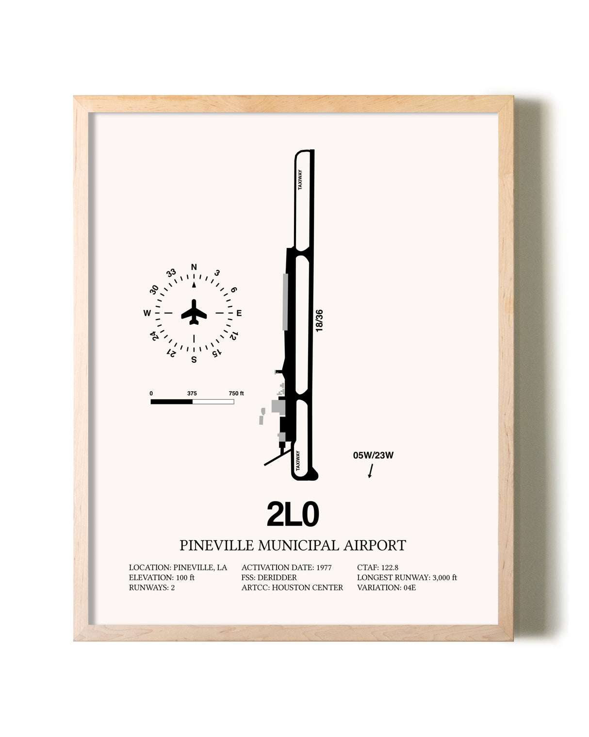 Pineville Municipal Airport framed wall art in white frame