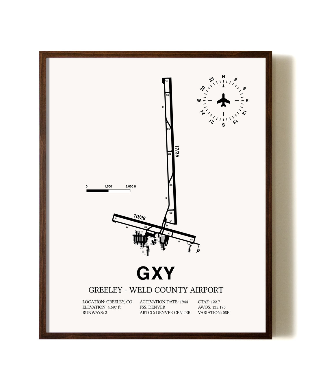 Greeley-Weld County Airport aviation print in walnut frame