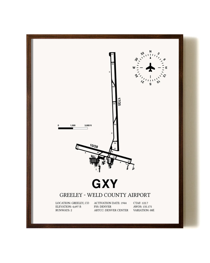 Greeley-Weld County Airport aviation print in walnut frame
