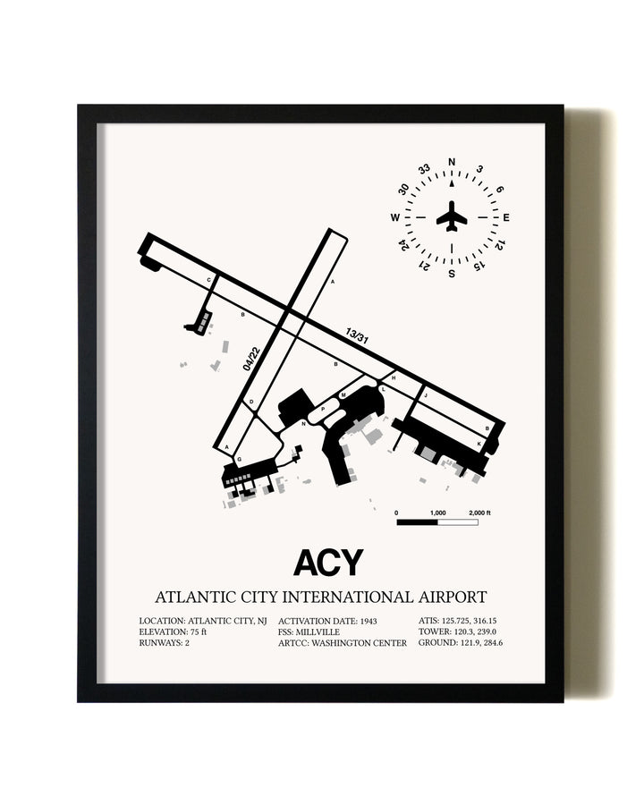 Framed Atlantic City International Airport wall art poster in black frame