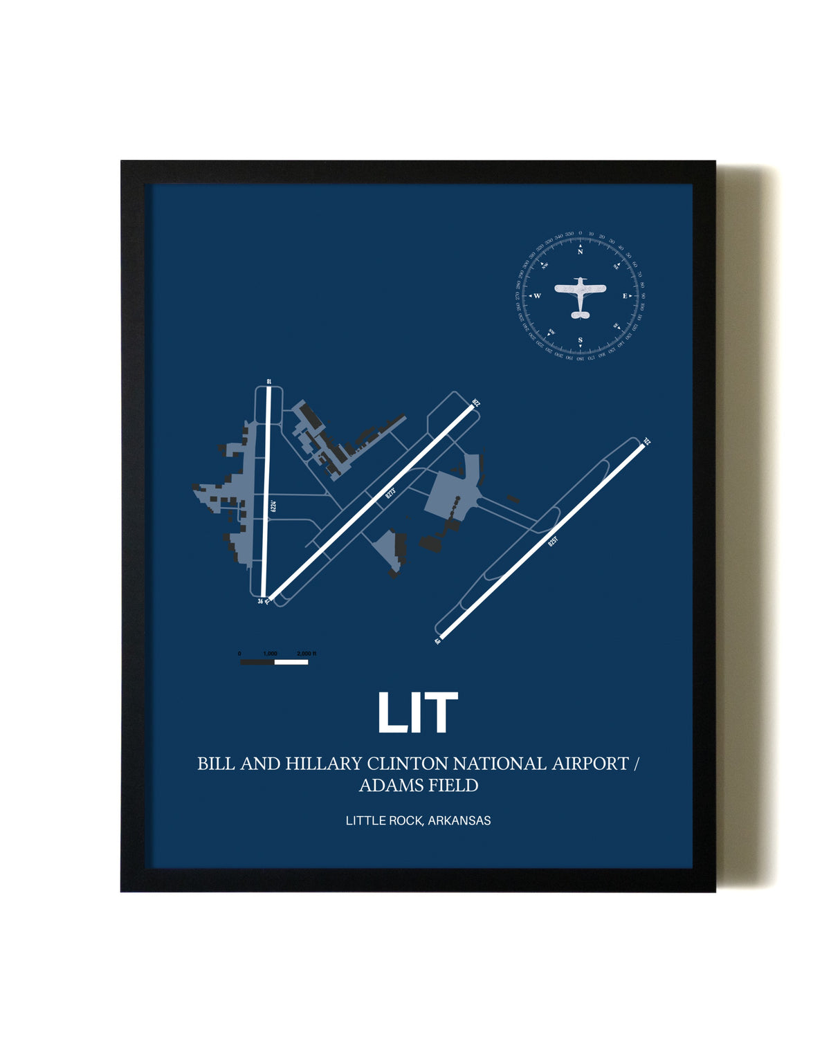 Aviation Blue Framed Bill and Hillary Clinton National Airport/Adams Field layout wall art poster
