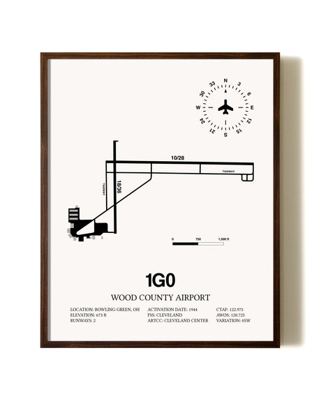 Wood County Airport aviation print in walnut frame