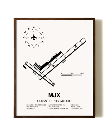 Ocean County Airport aviation print in walnut frame