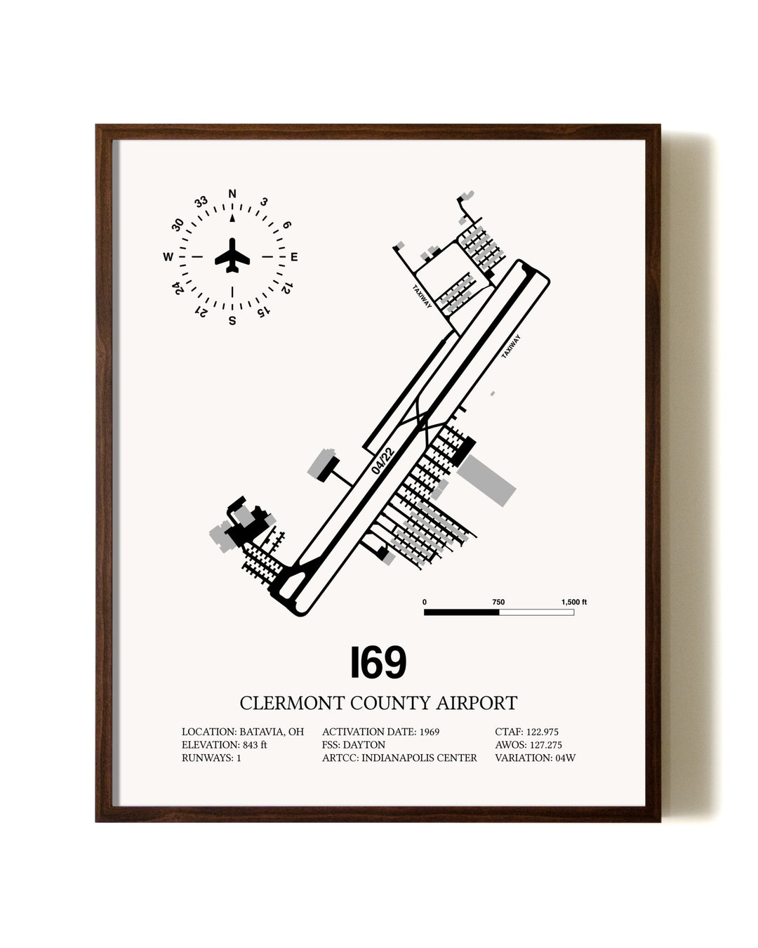 Clermont County Airport aviation print in walnut frame