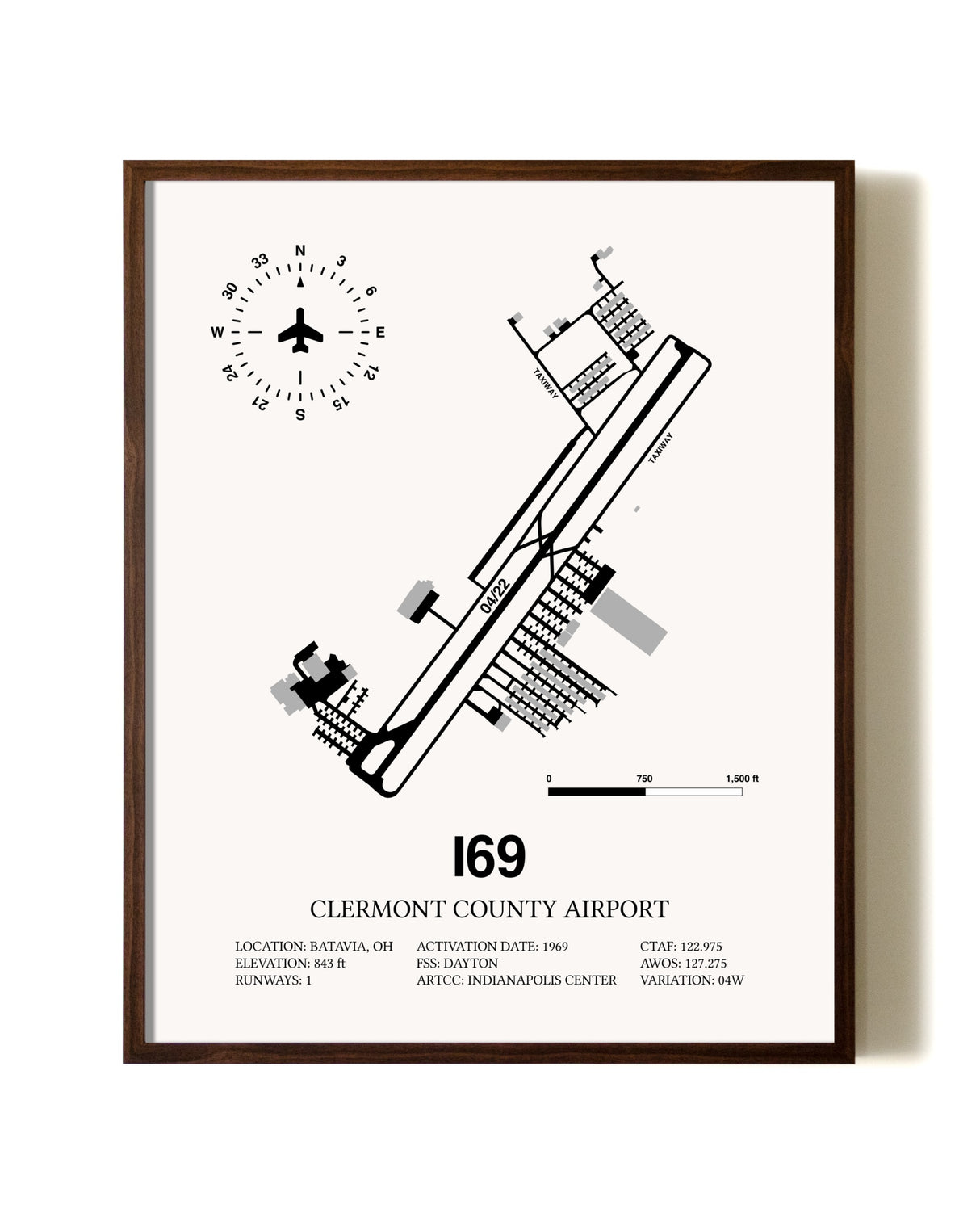 Clermont County Airport aviation print in walnut frame