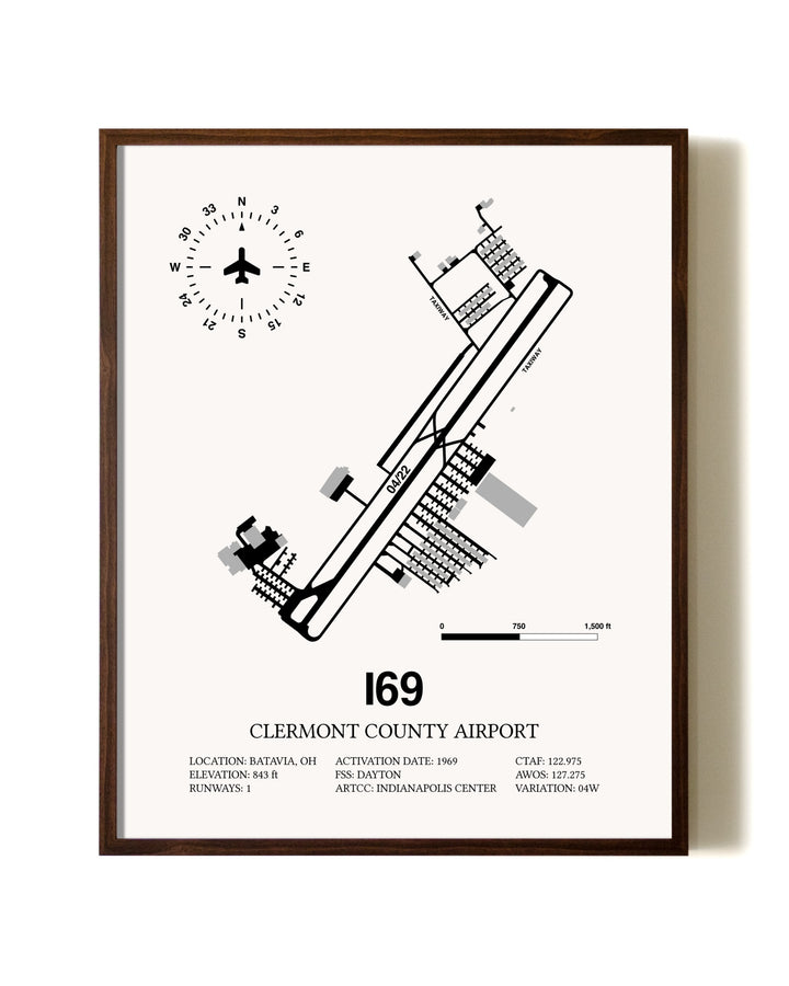 Clermont County Airport aviation print in walnut frame