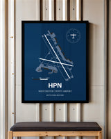 Westchester County Airport framed poster displayed in an airplane hangar