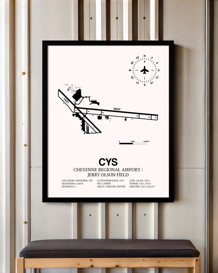 Cheyenne Regional Airport / Jerry Olson Field framed poster displayed in an airplane hangar