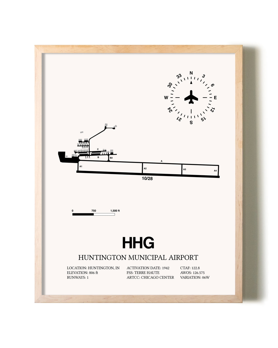 Huntington Municipal Airport framed wall art in white frame