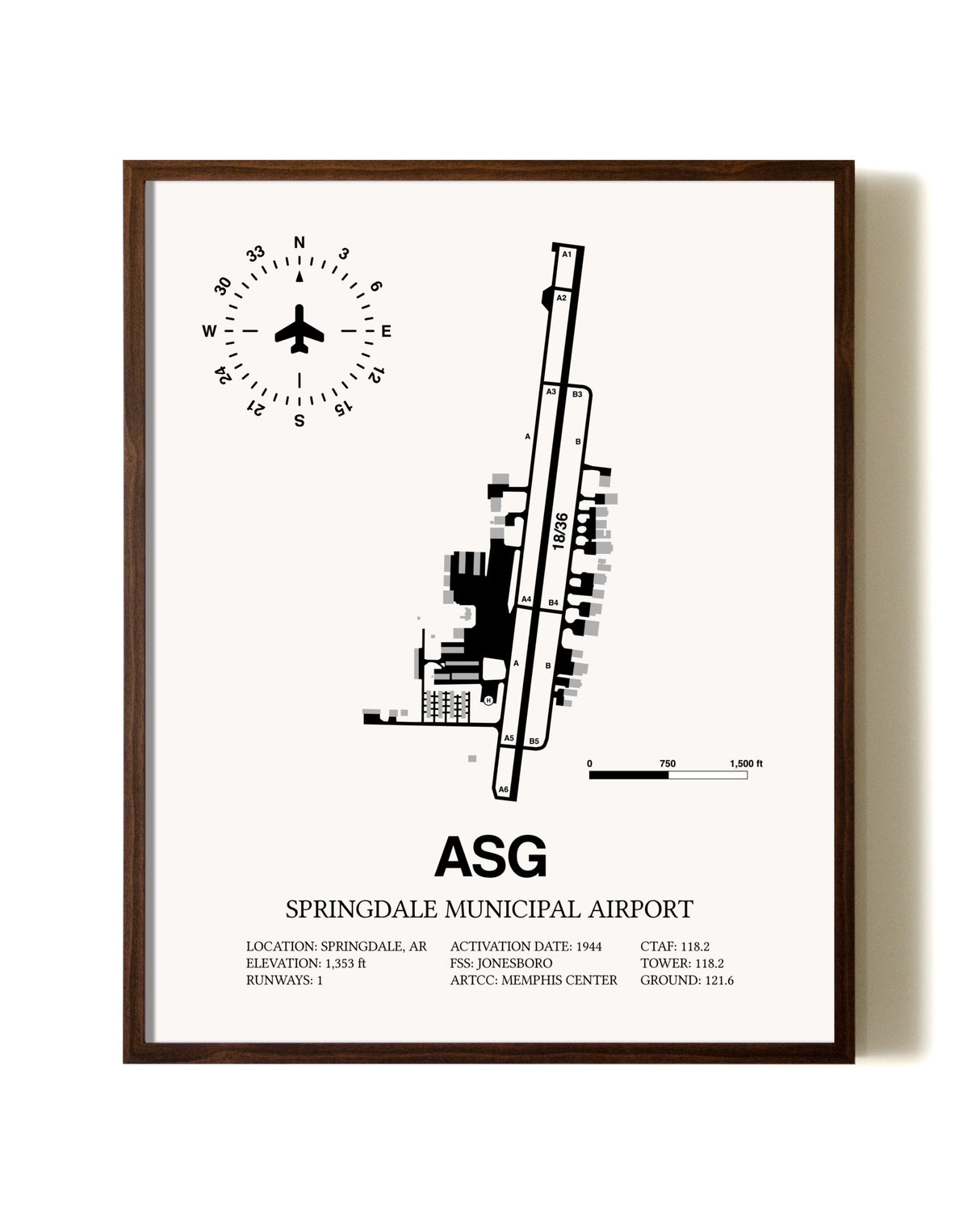 Springdale Municipal Airport aviation print in walnut frame
