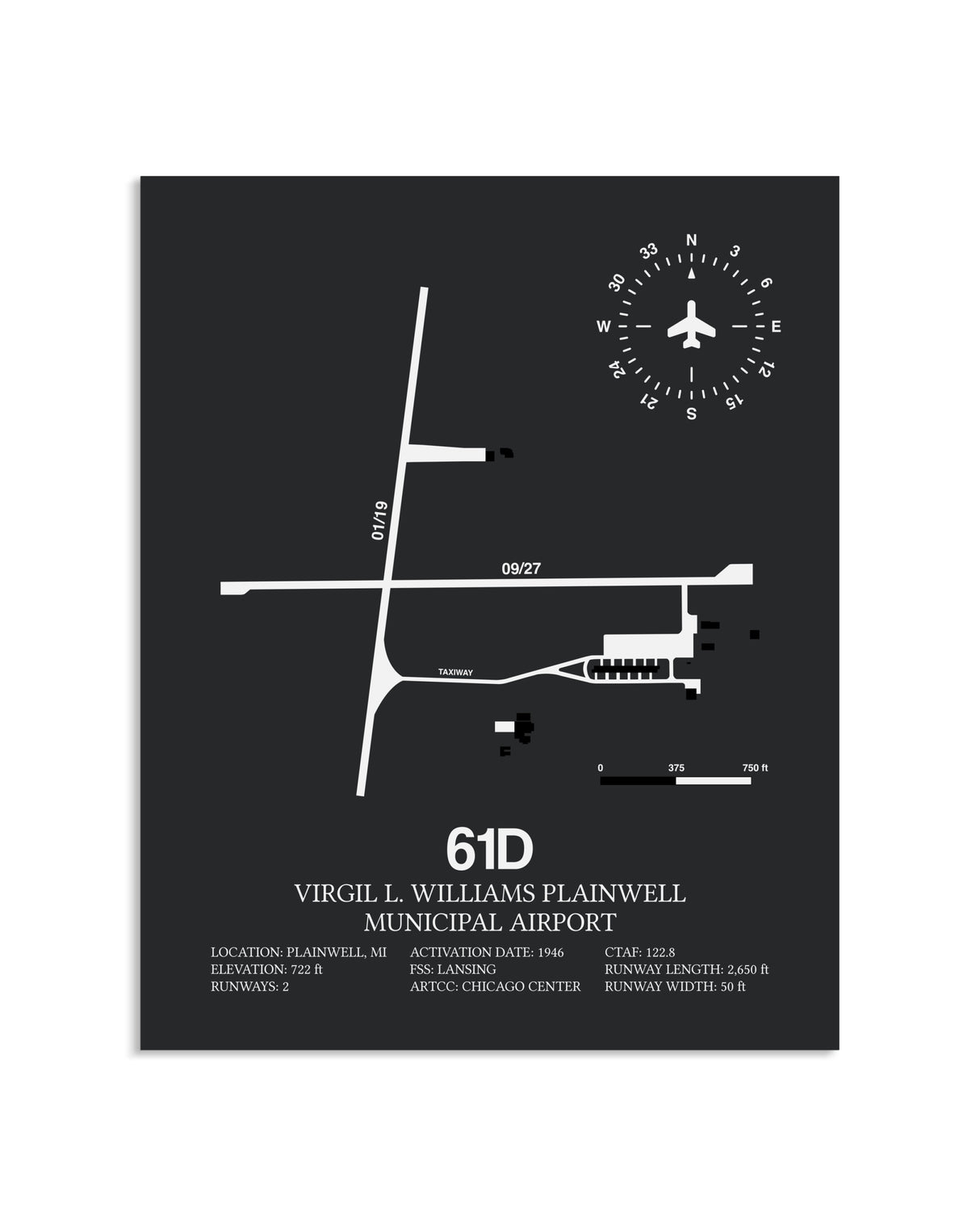 Gray Framed Virgil L. Williams Plainwell Municipal Airport layout wall art poster