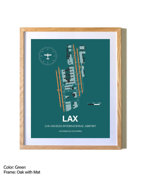 Los Angeles International Airport airport map poster in oak frame with mat
