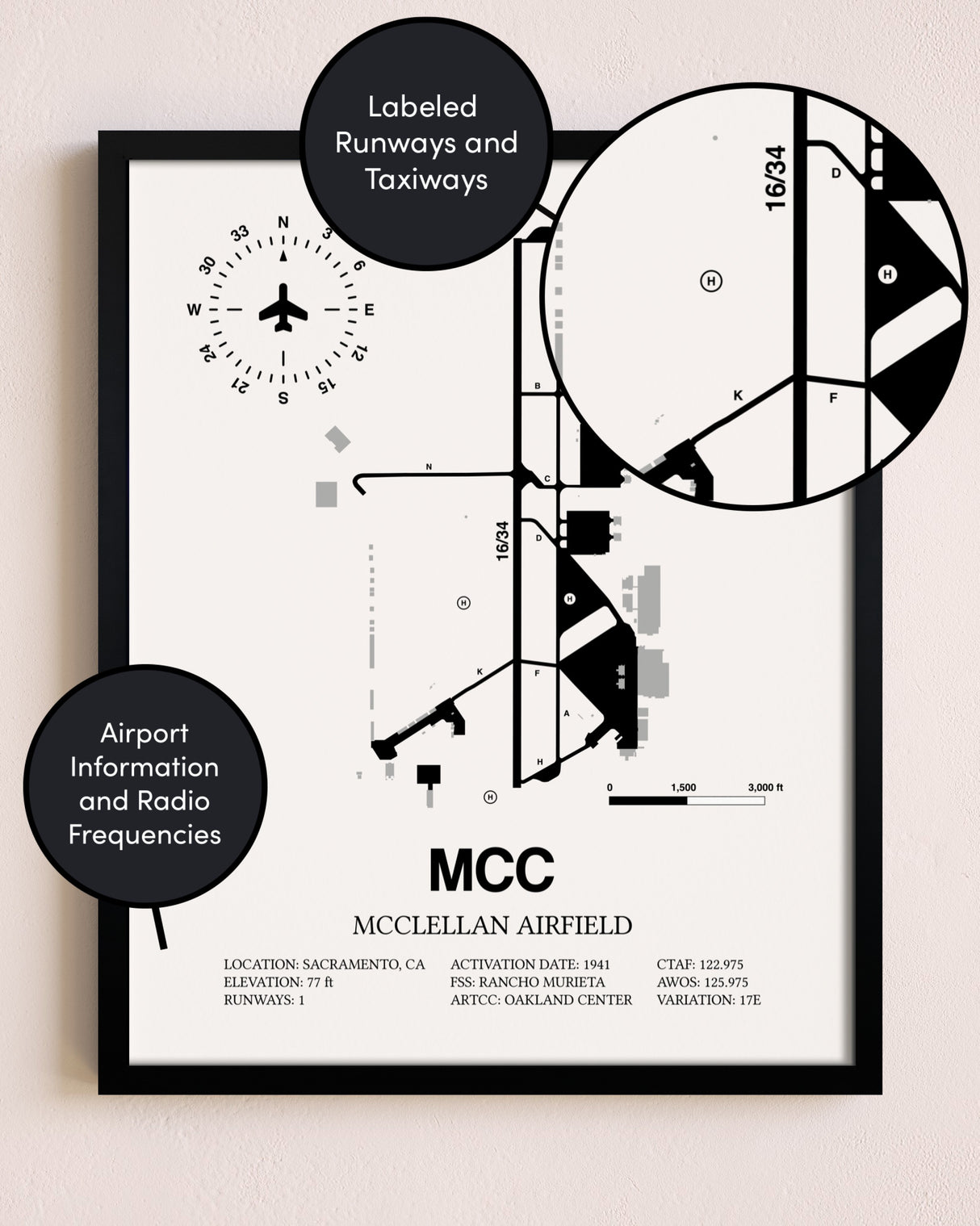 Framed McClellan Airfield layout wall art poster