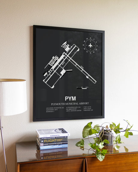 Gray Framed Plymouth Municipal Airport wall art poster in black frame