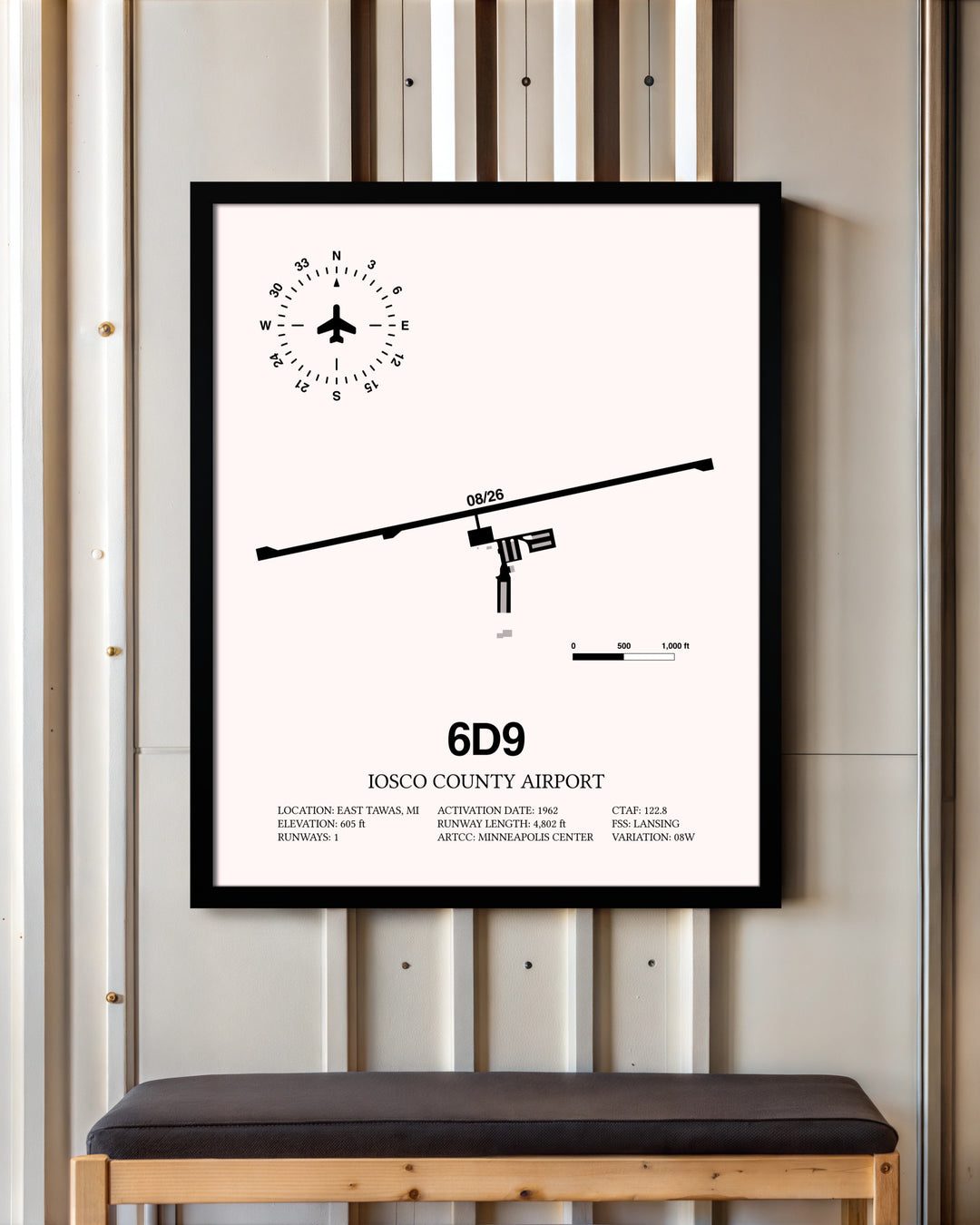 Iosco County Airport framed poster displayed in an airplane hangar