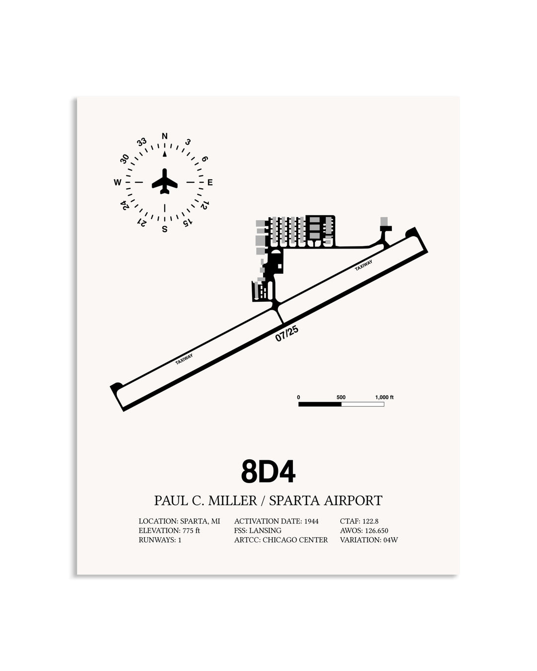 Gray Paul C Miller/Sparta Airport framed poster displayed in an airplane hangar