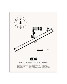 Gray Paul C Miller/Sparta Airport framed poster displayed in an airplane hangar