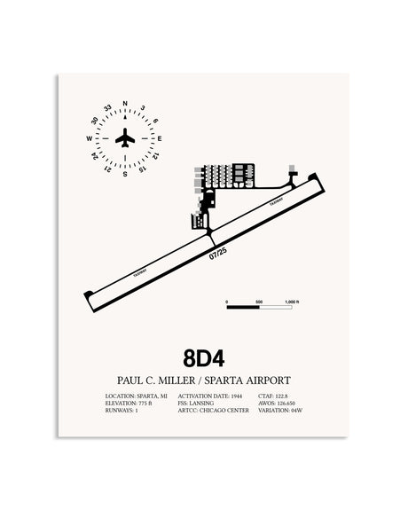Gray Paul C Miller/Sparta Airport framed poster displayed in an airplane hangar
