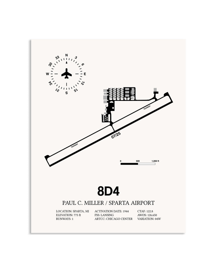 Gray Paul C Miller/Sparta Airport framed poster displayed in an airplane hangar