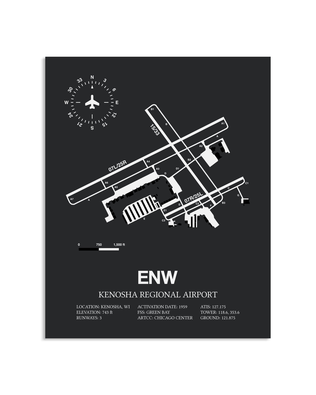 Gray Framed Kenosha Regional Airport layout wall art poster