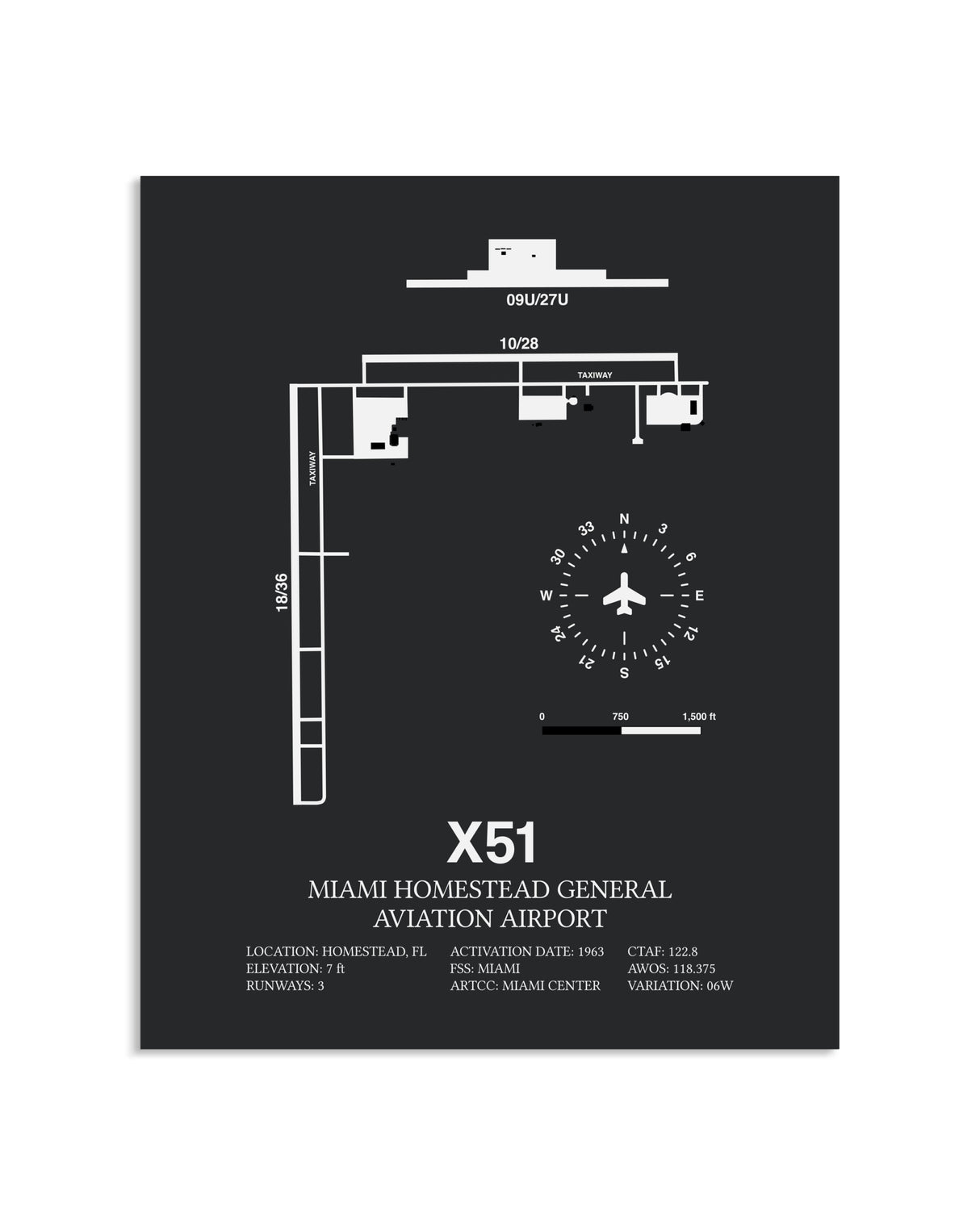 Gray Framed Miami Homestead General Aviation Airport layout wall art poster