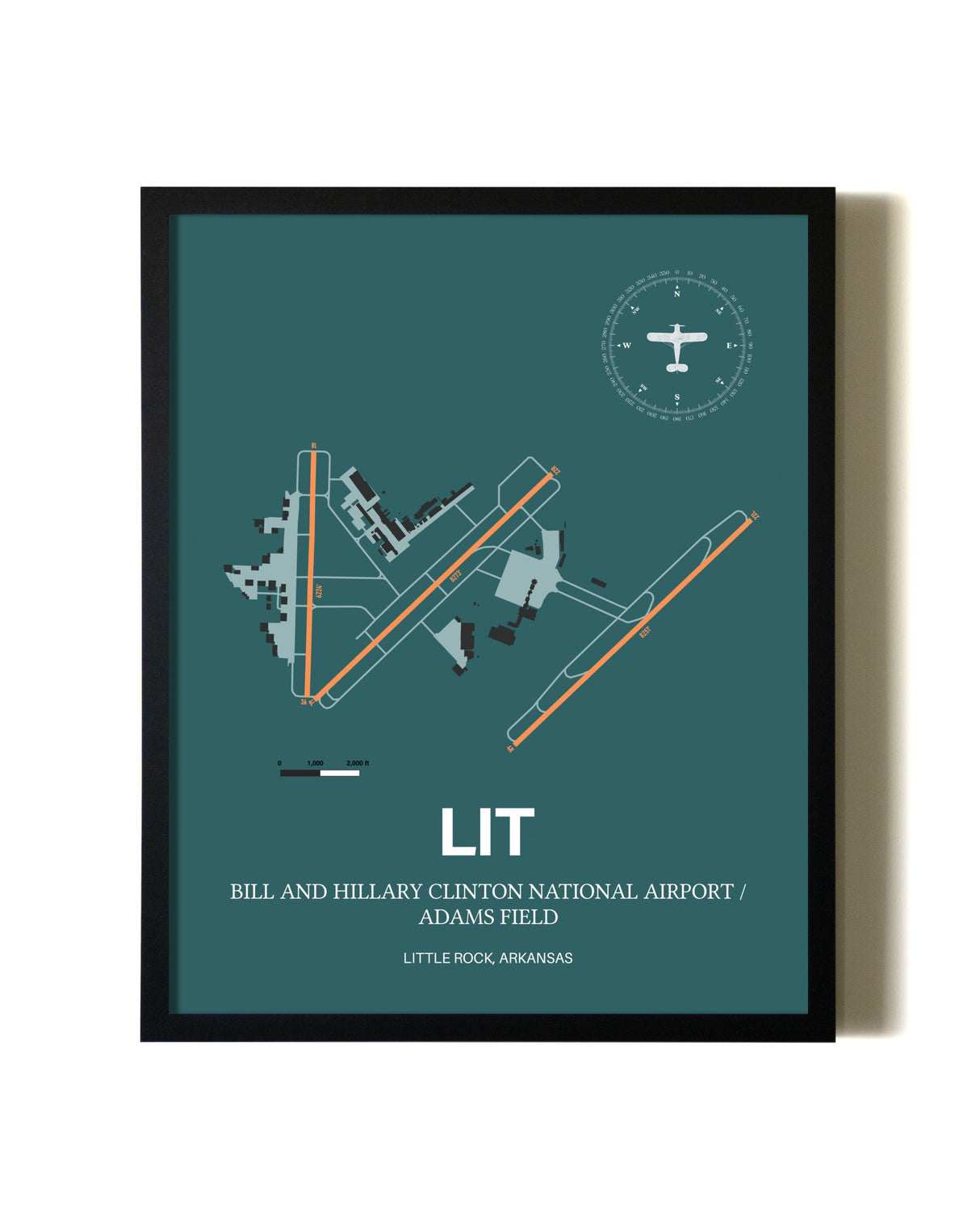 Green Bill and Hillary Clinton National Airport/Adams Field aviation wall décor in black wood frame