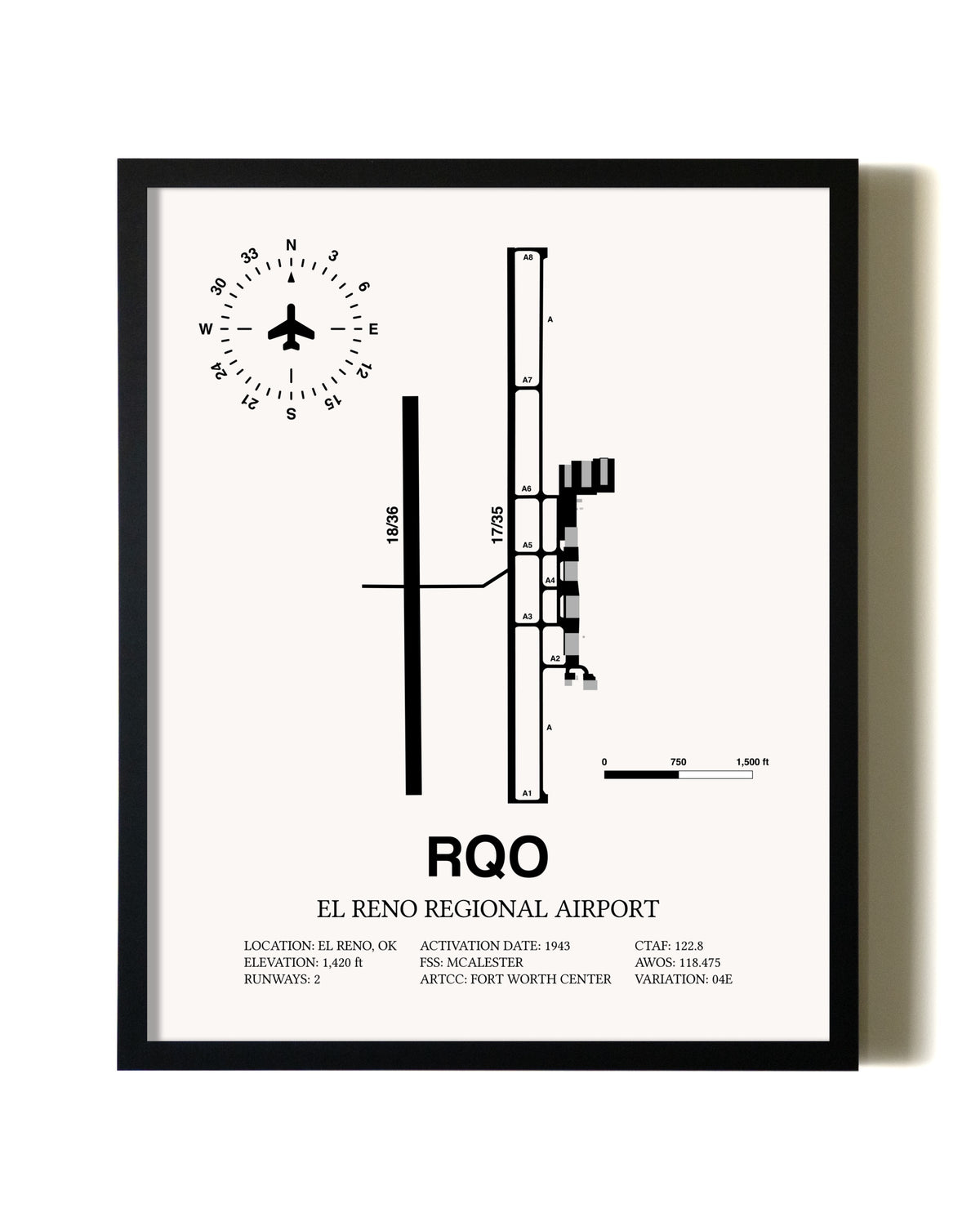 Framed El Reno Regional Airport wall art poster in black frame