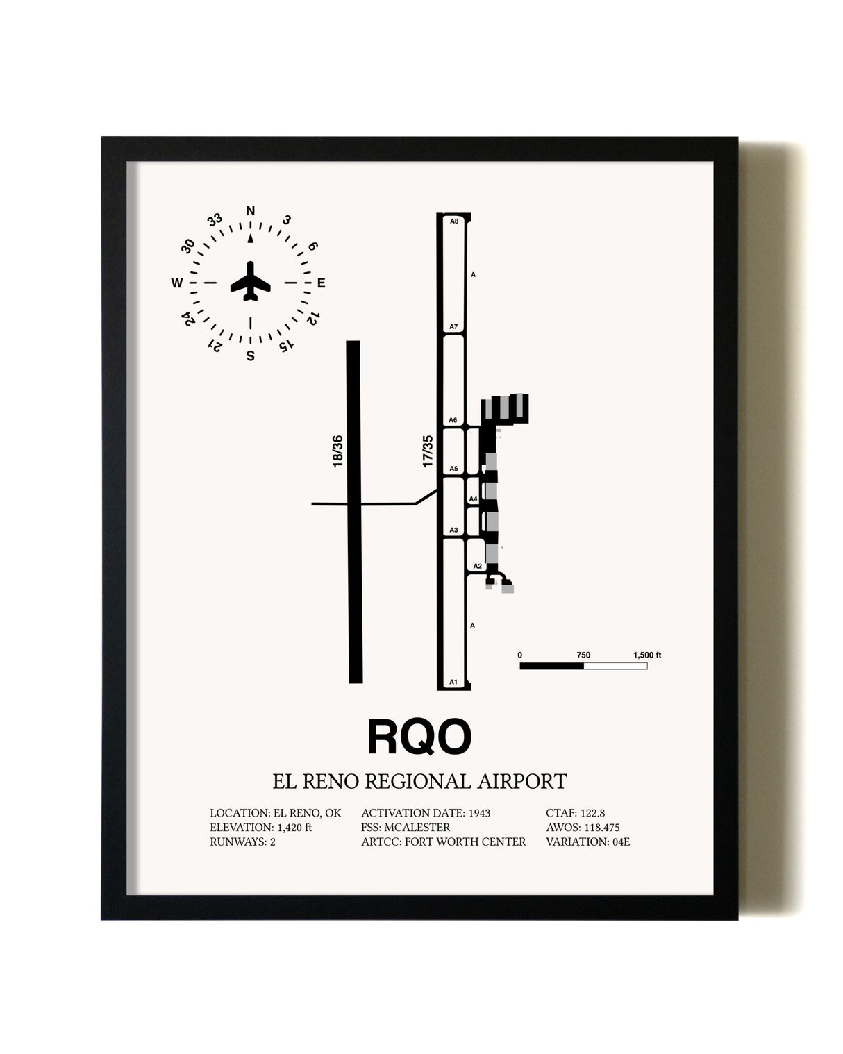 Framed El Reno Regional Airport wall art poster in black frame