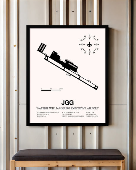 Waltrip Williamsburg Executive Airport framed poster displayed in an airplane hangar