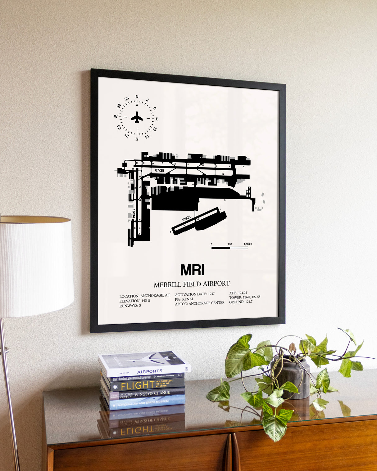 Merrill Field Airport aviation wall décor in black wood frame