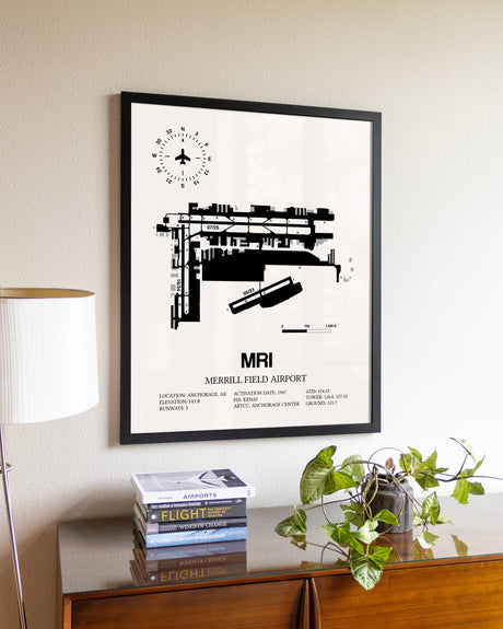 Merrill Field Airport aviation wall décor in black wood frame