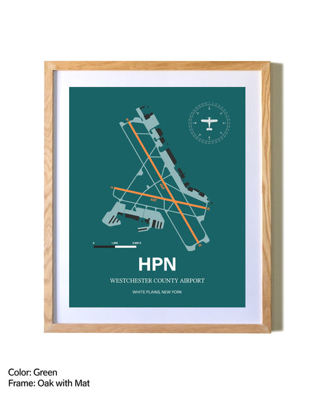 Westchester County Airport airport map poster in oak frame with mat